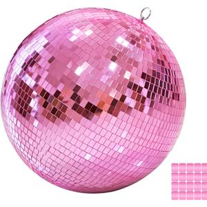 12" Mirror Disco Ball with Hanging Ring, 12 Inch Pink Disco Ball Decor with 20pcs Replacement Mirror for DJ Club, Party, Wedding, Home Decor, Live Stage for Easy Installation, Disco Ball Mirror Ball