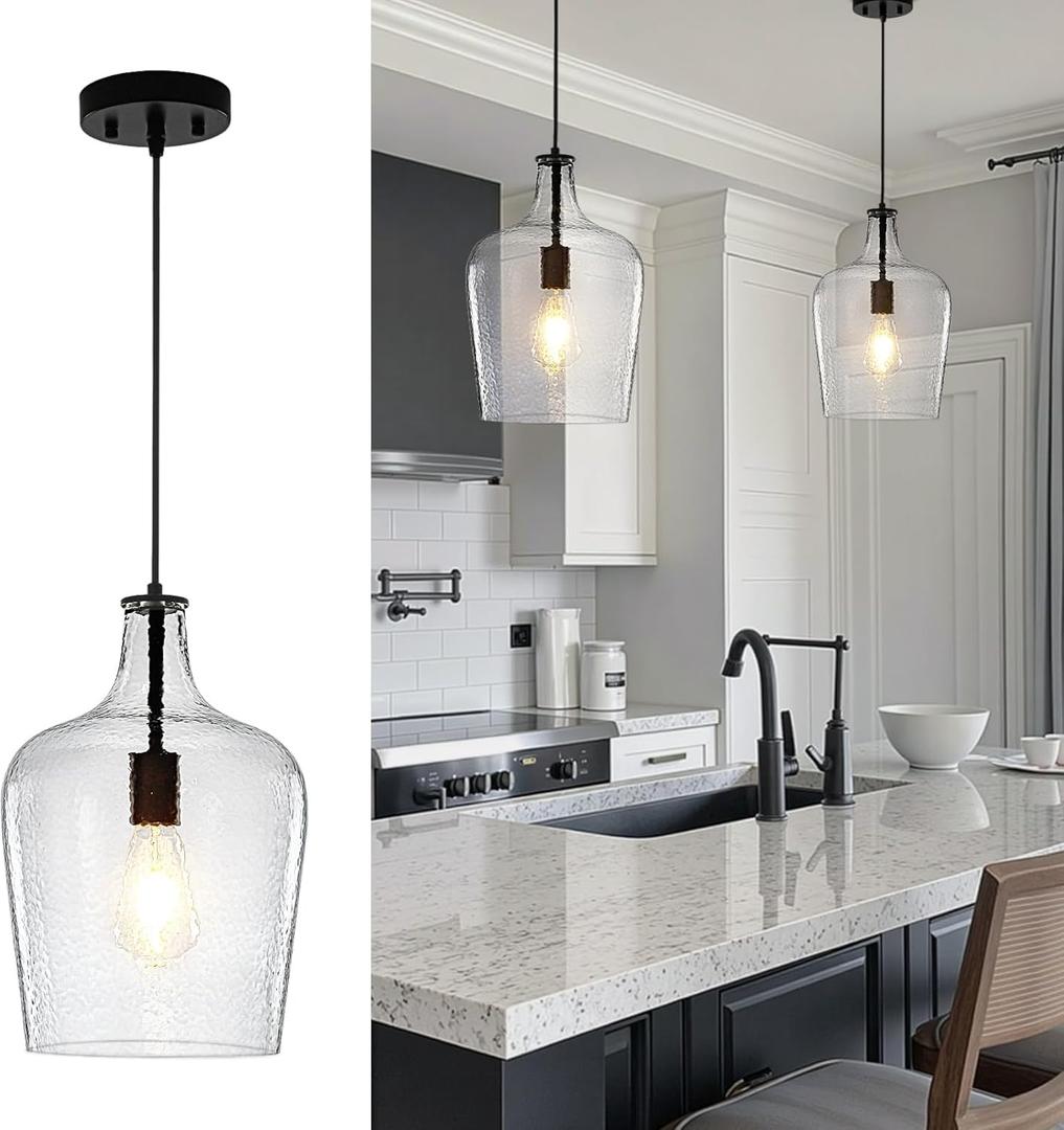 2 Pack 9.3" Glass Pendant Lighting for Kitchen Island, Black Large Pendant Light Fixture with blown Thickened Glass,1 Light Farmhouse Hanging Light for Hallway, Bedroom, Living Room Tall 14 inch