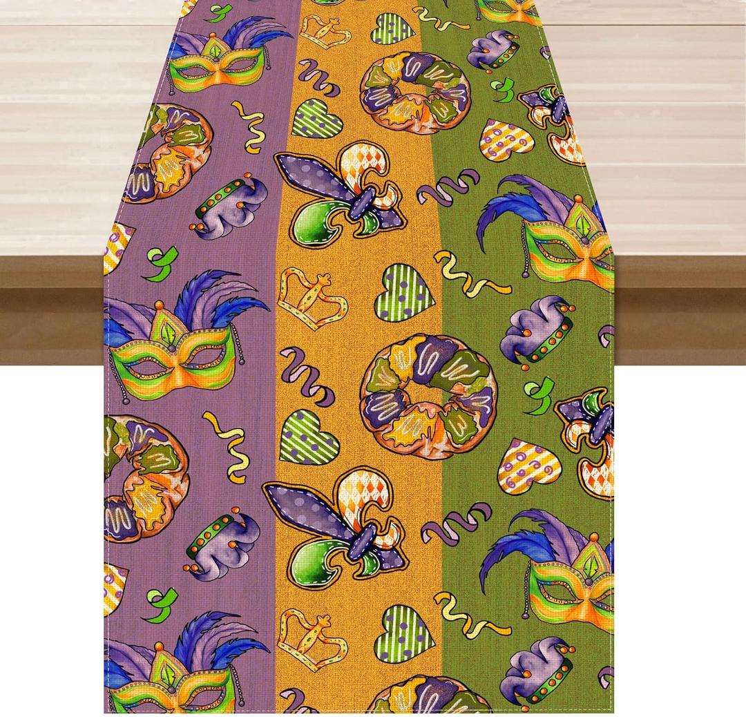 XCHI Colorful Masks Doughnuts Iris Fleur De Lis Mardi Gras Table Runner Carnival Table Decoration for Masquerade Party Home Kitchen Dining Holiday Decor 13x120 Inch
