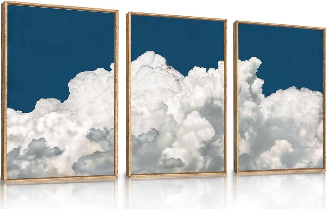 LHIUEM Large White Clouds Framed Canvas Wall Art Set Abstract Navy Blue Sky Natural Wall Decor Minimalist Modern Painting Artwork for Livingroom,Bedroom,Office Decor -24"x36"x3