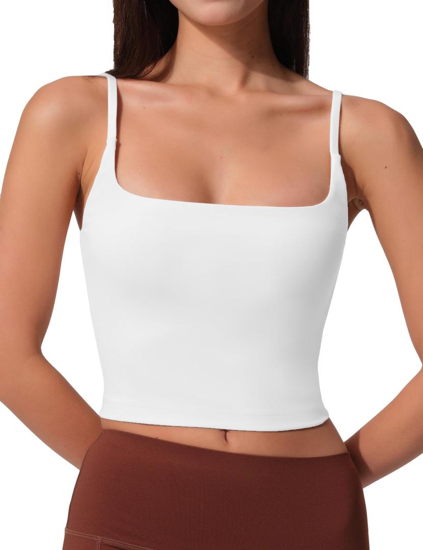 AugIris Womens Scoop Neck Longline Sports Bra U Back Adjustable Strap Double Lined Workout Crop Tank Top with Built in Pads White