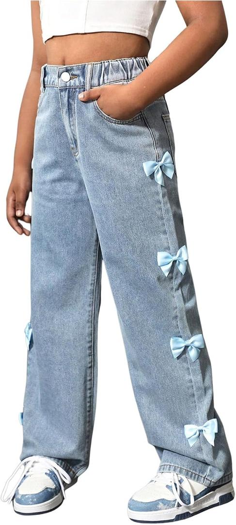 WDIRARA Girl's Cute Bowknot Elastic Waist Jeans High Waisted Straight Leg Denim Pants, Blue Size 12yrs