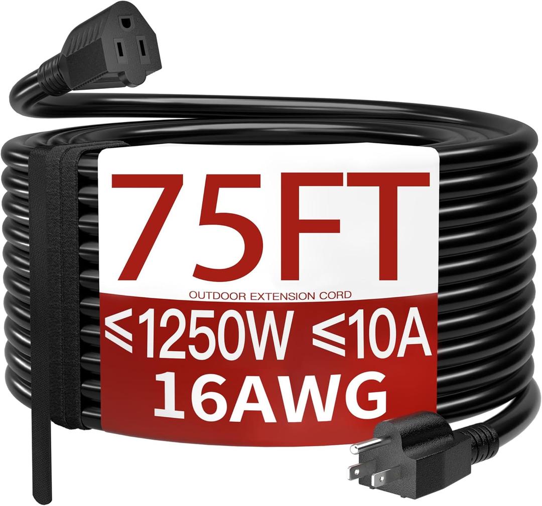 16/3 75 Ft Outdoor Extension Cord Waterproof, Weatherproof & Flame Retardant Black 3 Prong Power Cord Outside for Lawn & Garden, 10 Amps 1250 Watts 125 VAC 16AWG SJTW, ETL Listed