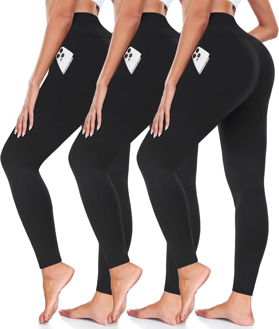 FULLSOFT 3 Pack Leggings for Women High Waisted Soft Black Yoga Pants for Workout Athletic Running Reg & Plus Size (Large-X-Large)