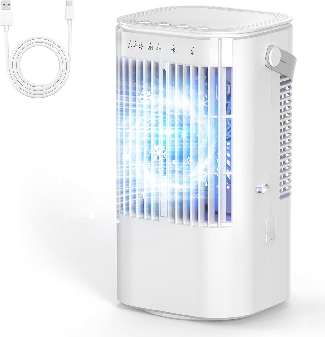 Portable Air Conditioners, 4-in-1 Mini Small Air Conditioner Evaporative Air Cooler Fan with 1000ml Water Tank, 3 Speeds & 7 LED Lights, Personal Mini AC with Timer for Bedroom, Desktop, Home, Office (White)