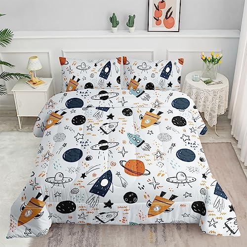 Datura home Space Universe Rocket Comforter Sets for Boys Girls Kids,Galaxy Alien Spaceship Planet,Duvet 3Pcs in Bedding Sets with 1 Comforter and 2 Pillowcases(Space Full)
