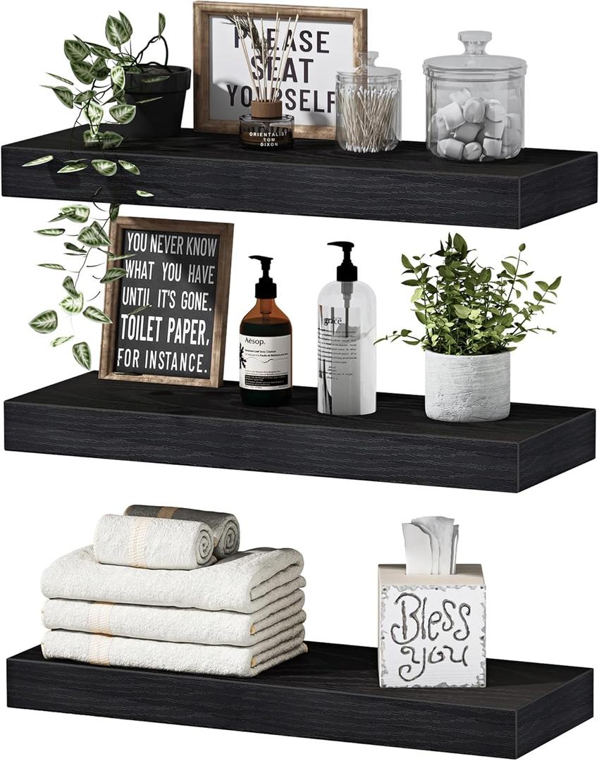 QEEIG Floating Shelves for Wall Bathroom Shelf Bedroom Kitchen Living Room Hanging Book Shelves Small Farmhouse Decor 16 inch Set of 3, Black (015-B3)