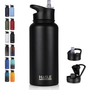 HASLE OUTFITTERS 32 oz Insulated Water Bottle Stainless Steel Double Walled Vacuum Sports Water Bottle with 2 Lids (Straw and Spout Lid) for Gym Camping Hiking(Black,1)