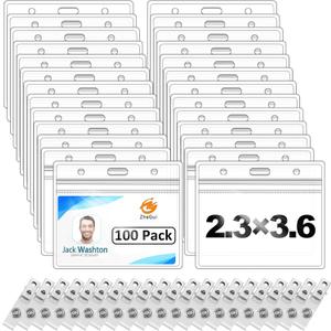 100 Pack Horizontal ID Badge Holder with Clip, Universal Waterproof PVC Transparent Name Tag Holder with Sealed Zipper(2.3  3.6 inch)