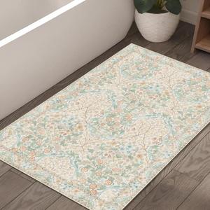 MUJOO 2x3 Washable Rug,Floral Small Area Rugs for Bathroom Entryway Entry Bedroom Bedside,Boho Front Door Mat Indoor Entrance Throw Carpet Neutral Vintage Non Slip Ultra-Thin Light Green and Beige