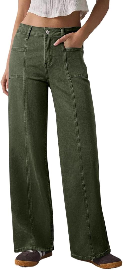 Sidefeel Women's Jeans Wide Leg High Waisted Stretchy Straight Leg Denim Pants Baggy Jeans Green Size 14