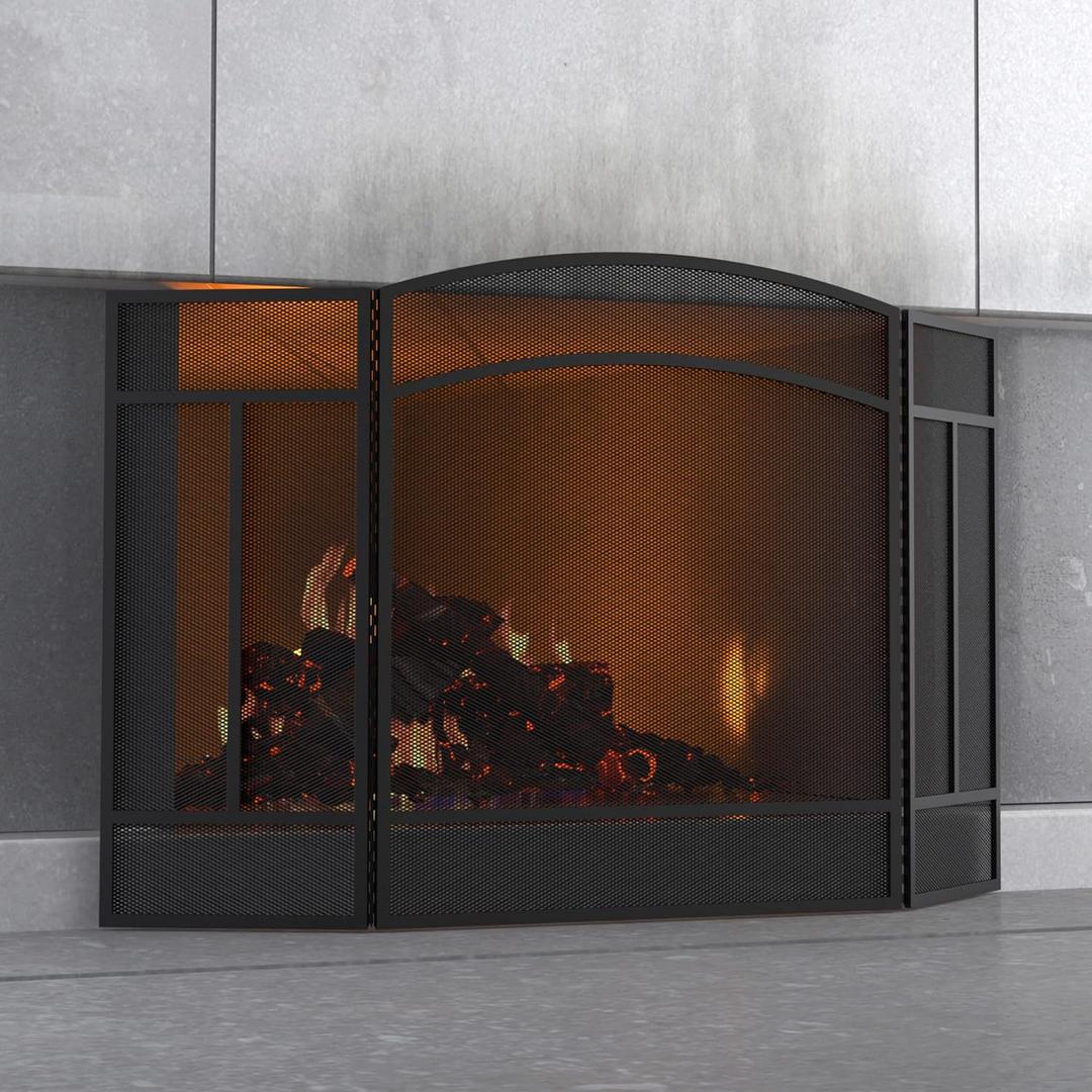 Fire Beauty Fireplace Screen 3 Panel Wrought Iron 48"(L) x 29"(H) Spark Guard Cover(Sanded Black)