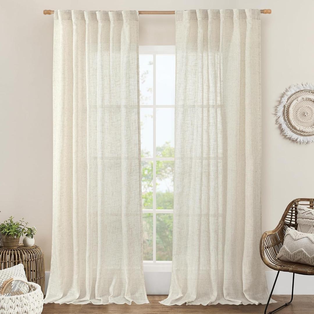 LAMIT 102 inch Long Linen Curtains 2 Panels for Living Room, Natural Cream Ivory Light Filtering Semi Sheer Linen Curtains Back Tab and Rod Pocket Neutral Drapes for Bedroom/Farmhouse, 52 x 102 Inch
