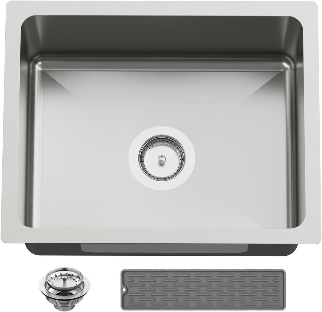 20x16 In Kitchen And Bar Sink- Stainless Steel Undermount Kitchen Sink Modern Single Bowl Drop In Bar Sink With Silicon Mat,Drain Strainer Set Compatibility With Various Kitchen & Bar Style, 20X16X9 Inches