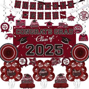 Maroon Themed 2025 Graduation Decorations Set - Congrats Grad Banner, Class of 2025 Backdrop, Balloons & Streamers Kit - Complete Party Supplies for High School & College Celebrations