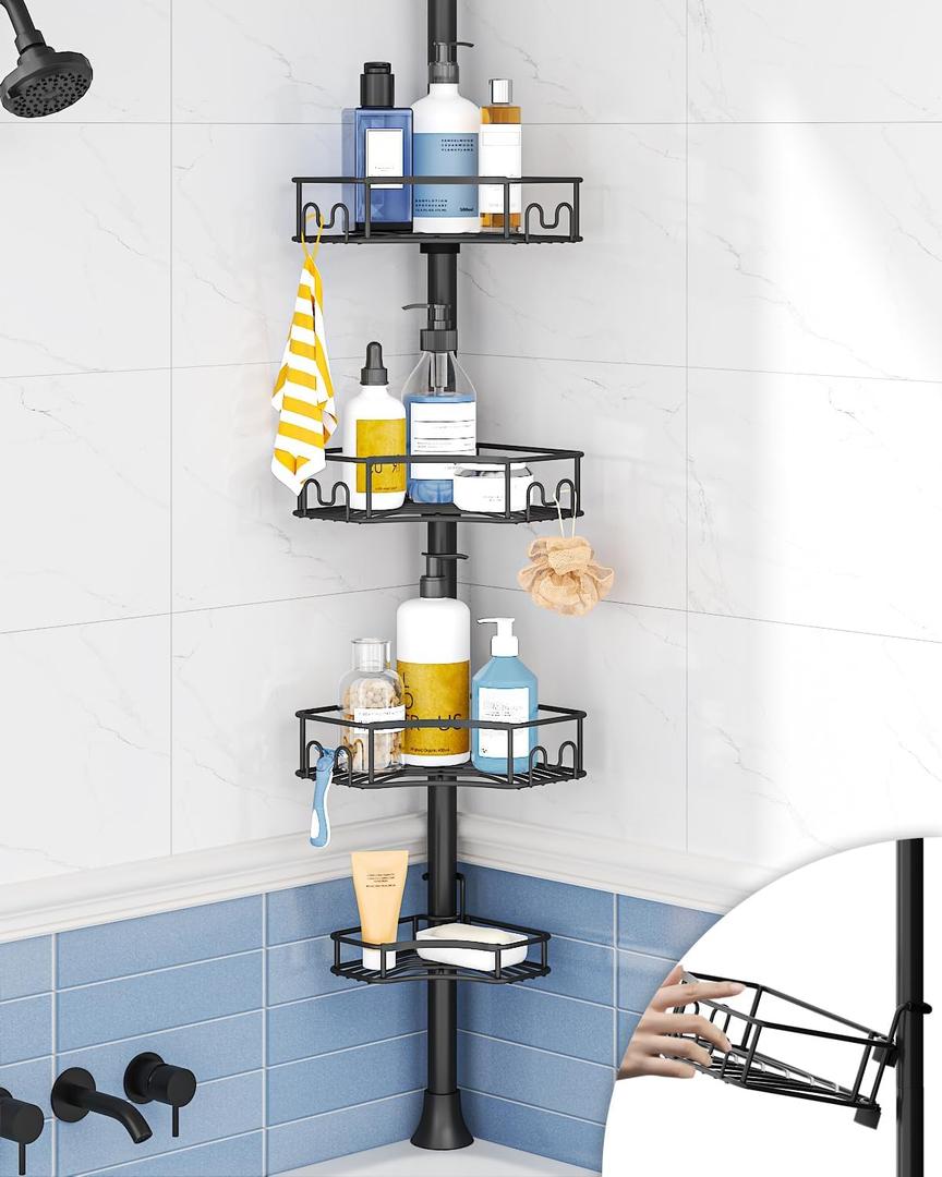 SEIRIONE Corner Shower Caddy Tension Pole, 4-Tier Rust-Free Shower Organizer Corner, Adjustable Shelf for Bathroom Storage, Easy-Install Standing Rack, 34 to 116Inch, Black