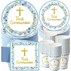 Pickmesh 250 Pcs Blue First Holy Communion Disposable Tableware Set God Bless Baptism Disposable Paper Plates Napkins and Cups for Boys Christening Celebration Baby Shower Religious Supplies Serve 50
