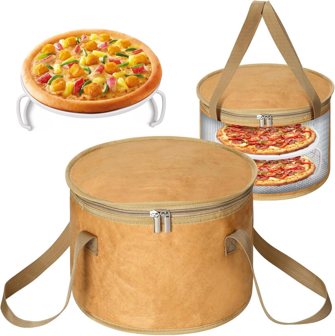 Pickmesh Round Pie Carrier 12 x 7 Inch Insulated Casserole Carriers with Lid and Detachable Handle for Hot or Cold Food Cake Transport Thanksgiving Christmas Gift(Buffalo Leather Color)