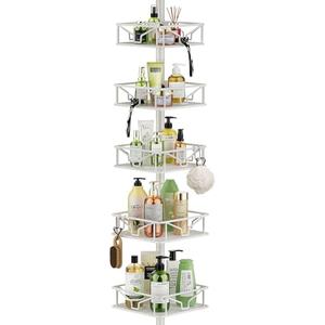 Skycarper 5 Tier Adjustable Corner Shower Caddy Organizer with Hooks,Rustproof Tension Pole 62-116 Inch,White