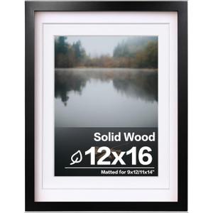 Egofine 12x16 Picture Frame Black Covered by Plexiglass Made of Solid Wood, Display Pictures 9x12 and 11x14 with Mat or 12x16 Without Mat for Wall Mounting Photo Frame