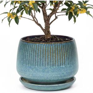 10.3 Inch Ceramic Planter with Saucer,Modern Garden Pots with Drainage Hole Mesh Net, for Indoor Outdoor Use(Crackle Blue)