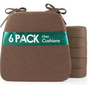 kingphenix Dining Chair Cushions Set of 6, 2.5 inch Thick Kitchen Chair Pads with Ties, Non Slip Bottom, Removable Washable Cover, 17 x 16, Brown