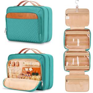 Travel Hanging Toiletry Bag for Women, with Jewelry Organizer Compartment, Medium Waterproof Hanging Makeup Accessories, Cosmetic Essentials, Toiletries Dopp Kit Set with Trolley Belt, Blue (Medium, Blue)