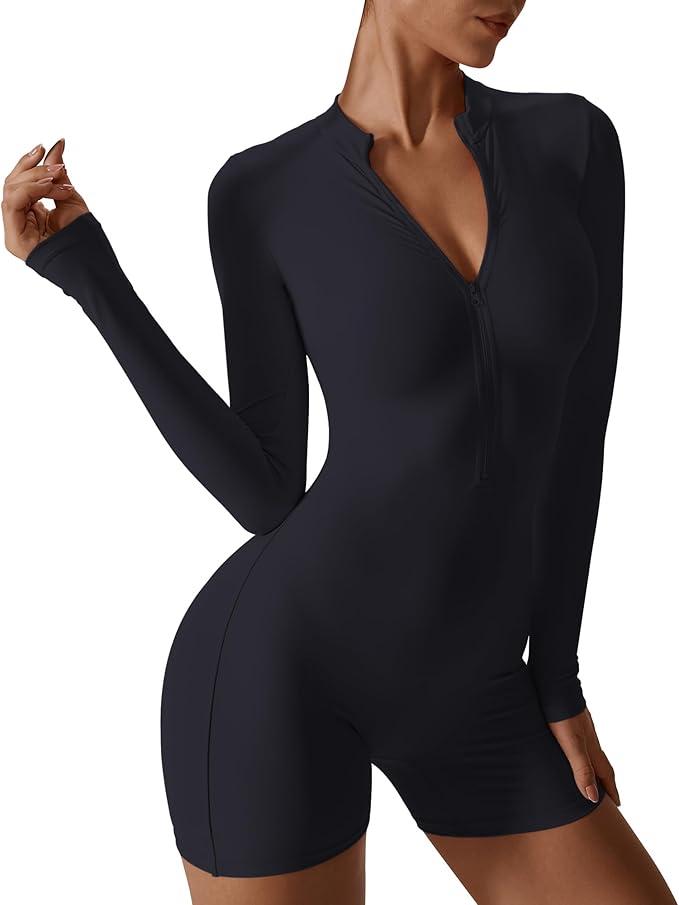 Women Long Sleeve Jumpsuit Zip Up Bodysuits Yoga Workout Unitards Bodycon One Piece Open Back Romper, Medium