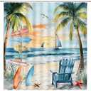 Tropical Ocean Beach Shower Curtain Sea Sunset Palm Tree Starfish Surfboard Coastal Nautical Sailboat Seagull Watercolor Seaside Scenery Bathroom Decor Polyester Curtains with Hooks,70Wx70L