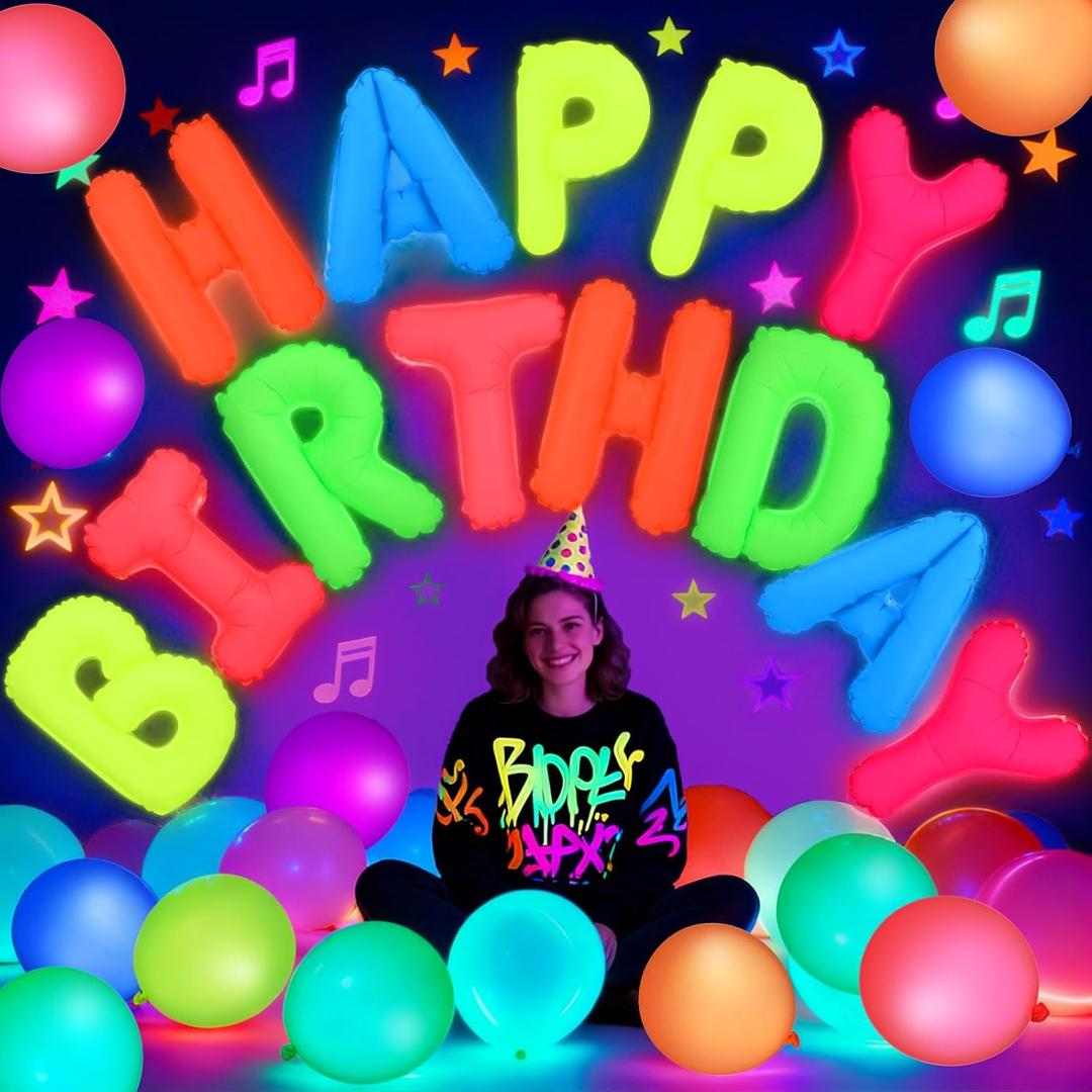 43 Pcs Glow in the Dark Party Supplies 16 Inch Fluorescent Happy Birthday Balloons Light up Balloons for Neon Birthday Wedding Party Decorations
