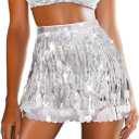 REETAN Fringe Sequin Skirt Belly Dance Sparkly Tassel Skirts for Women Silver