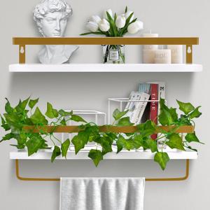 Floating Wall Shelves for Bedroom Decor Living Room Kitchen Bathroom Storage Wood Shelves for Books (Set of 2 Floating Shelves and 2 Green Leaf Garlands), 6"D x 16"W x 3"H