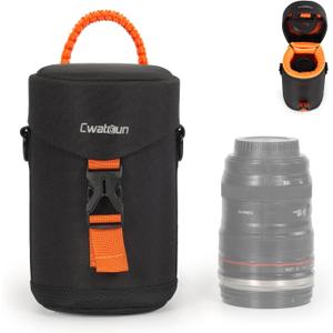 Cwatcun Camera Lens Case, Hard Case Shockproof DSLR Camera Lens Pouch with Shoulder Strap, Water Resistant Camera Lens Bag for Nikon, Sony, Fuji, Canon and Other Lens Below 3.03" x 5.71"(D x L)