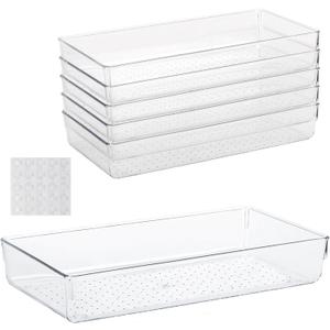 Ohlove 6Pcs Clear Plastic Drawer Organizers Tray 12" x 6.2" Storage Bins with 25Pcs NonSlip Pads for Makeup, Jewelries, Kitchen Utensils, Bathroom and Office