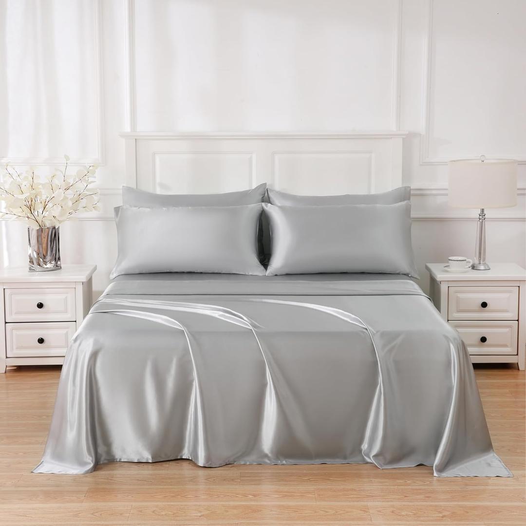 4 Piece Luxury Satin Bed Sheets Set with Pillowcases - Ultra Soft & Silky, Hypoallergenic & Wrinkle-Free, Hotel Quality Comfort Bedding, Size Queen, Medium Grey