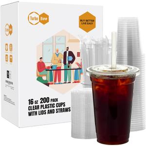 Turbo Bee 200 Sets 16 OZ Clear Plastic Cups with Lids and Straws, Disposable To Go Iced coffee cups with lids for Cold Drinks, Smoothie, and Slushie