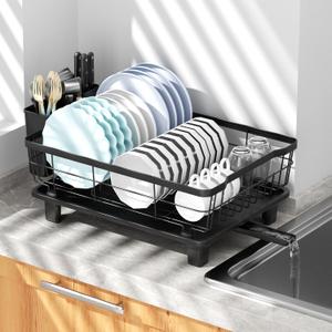 Small Dish Drying Rack, Space Saving Dish Racks for Kitchen Counter, Kitchen Organizer Dish Drainer with Cutlery Holder for Spoons and Forks, 11''W x 15''L, Black