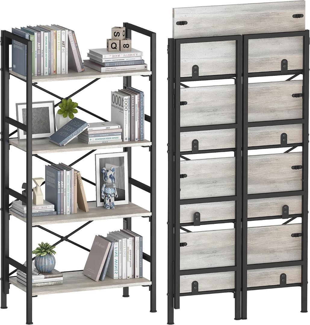 Homeiju Folding Bookshelf,4 Tier Bookcase Foldable Shelf with X-Bracket Design, Adjustable Feet, Space Saving Storage for Living Room, Office, Brownish
