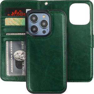 Bocasal Detachable Wallet Case for iPhone 14 Pro RFID Blocking Card Slots Holder Premium PU Leather Magnetic Kickstand Shockproof Wrist Strap Removable Flip Protective Cover 5G 6.1 inch (Green)