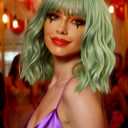Mairead Mint Green Wig With Bangs Short Wavy Curly Bob Wig With Bangs Short Light green Wigs For Women Synthetic Heat Resistant Wigs for Halloween Costumes Cosplay Daily(Mint green) (Body)