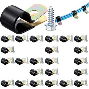 Tandefio 50 Pcs 1/2" Stainless Steel Cable Clamp Rubber Coated Insulated Brake Line Clips with Self Tapping Screws Conduit Wire Holder Strap Clips Metal Hose Pipe Clamps for DIY Automotive Boat