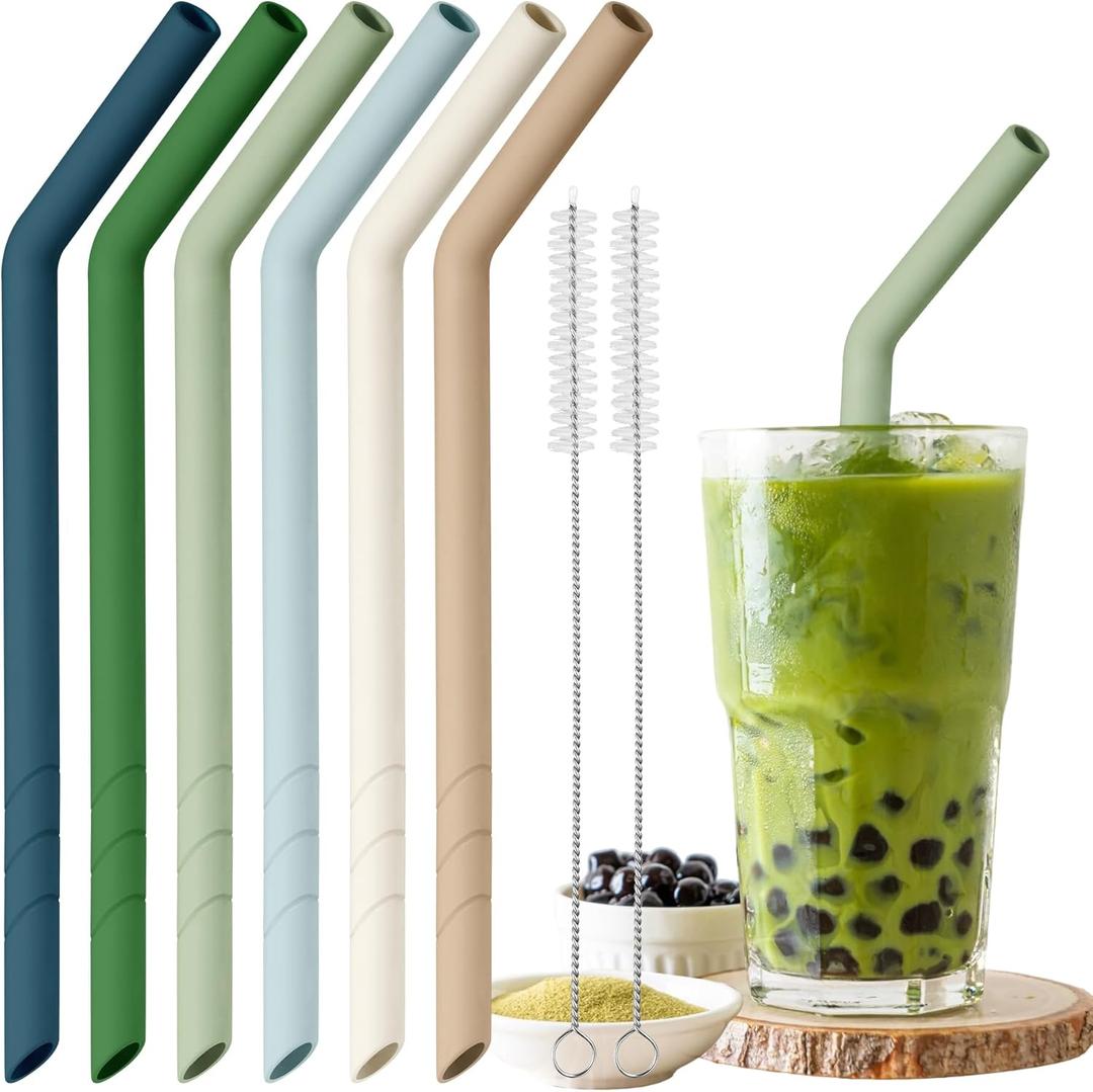 NiHome 6PCS Extra Wide Reusable Bent Silicone Straws for Boba, Smoothies, Bubble Tea, Eco-Friendly Bent Straws for St. Patrick Day Thick Drinks, Customizable Length, 2 Brushes (Nature Colors)