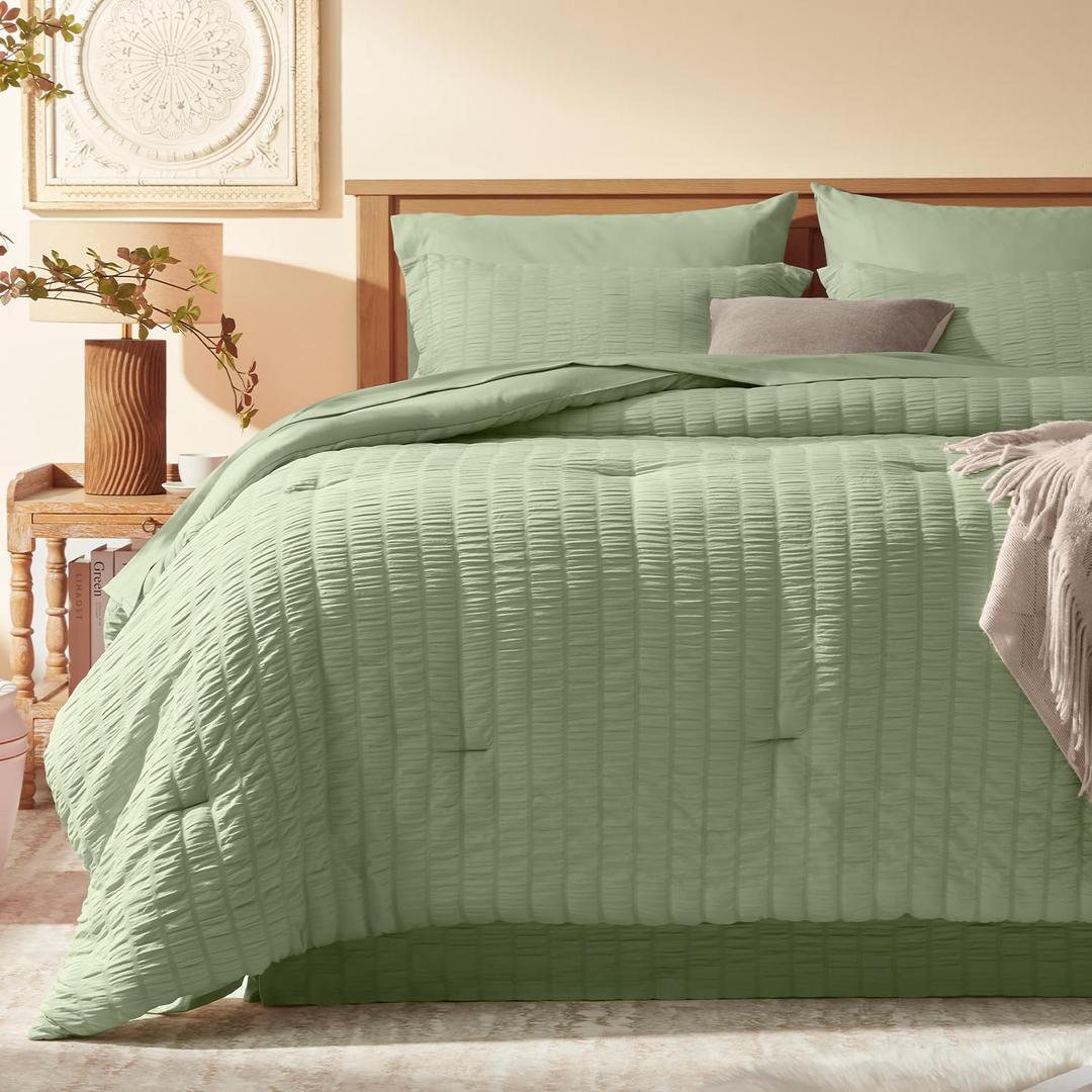 Laojin Balhen Queen Comforter Set 8 Pieces, Seersucker Bed in a Bag Queen, Sage Green Comforter with Sheets, Comforters Queen Size Bedding Sets with Comforter, Sheets, Pillowcase & Sham and Bed Skirt