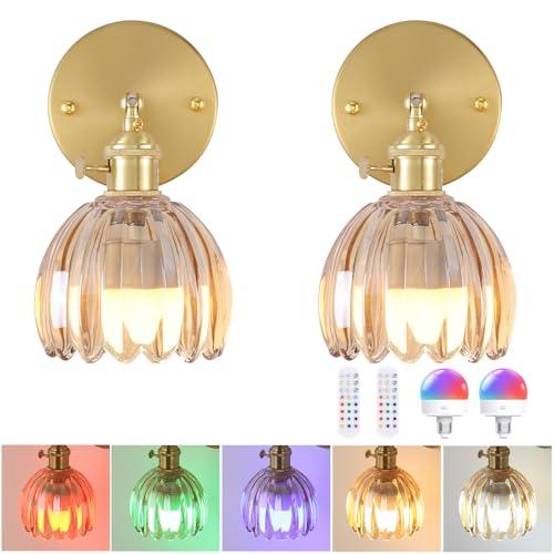Shenmoyl Vintage Battery Operated Wall Sconce with Amber Tulip Glass Lampshade Wireless Rechargeable Battery Powered Wall Light with Remote Control for Bedside Bedroom Doorway, Set of 2