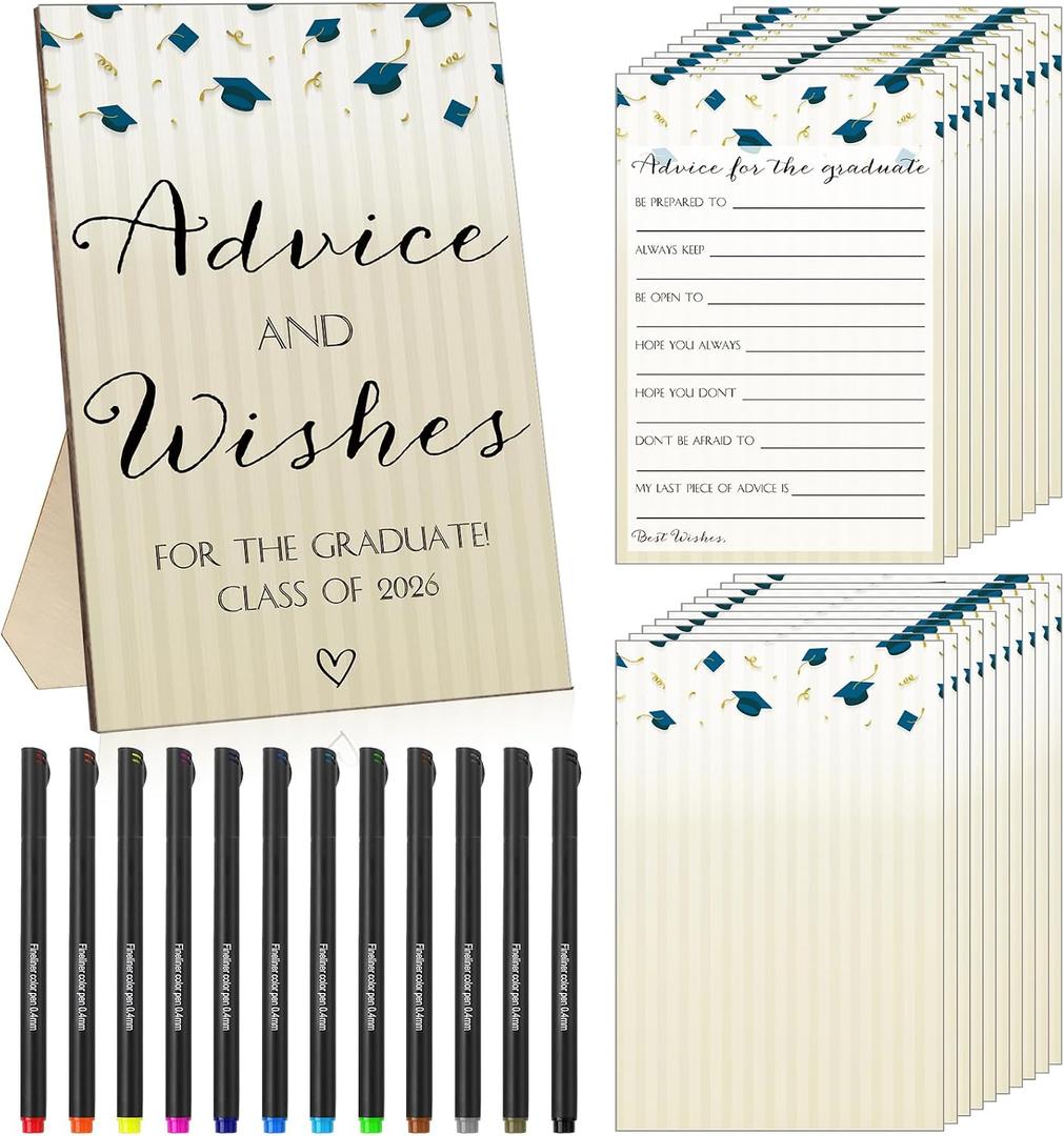 GlikCeil 113 Pcs Class of 2026 Graduation Party Favors Include 1 Advice and Wishes Wooden Sign 100 Graduation Advice Cards with 12 Fineliner Ink Pens for The Graduate Class of 2026(Blue)
