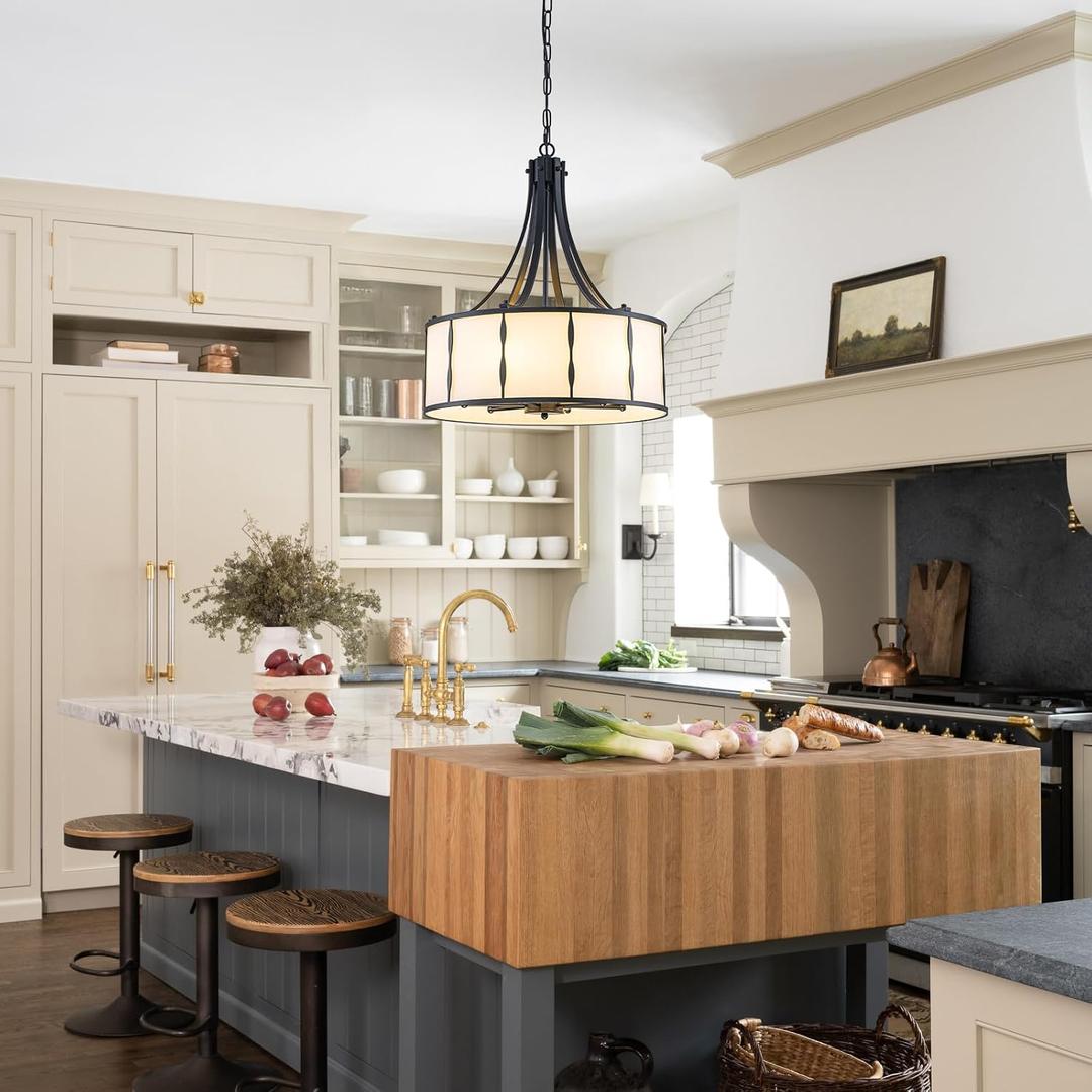 6-Light Black Drum Chandelier Modern Farmhouse Fabric Pendant Light Fixture, 19.68in