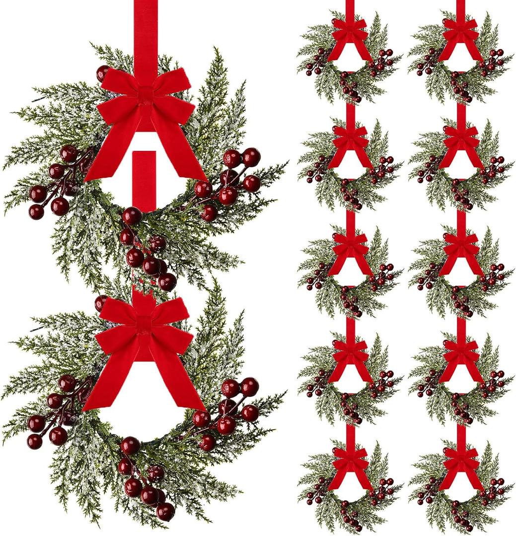 12 Pieces 8" Mini Christmas Wreaths - Small for Kitchen Cabinet/Window/Front Door, Artificial Red Berries & Pinecones, Christmas Candle Rings, Table/Farmhouse Decoration (No Ribbon)