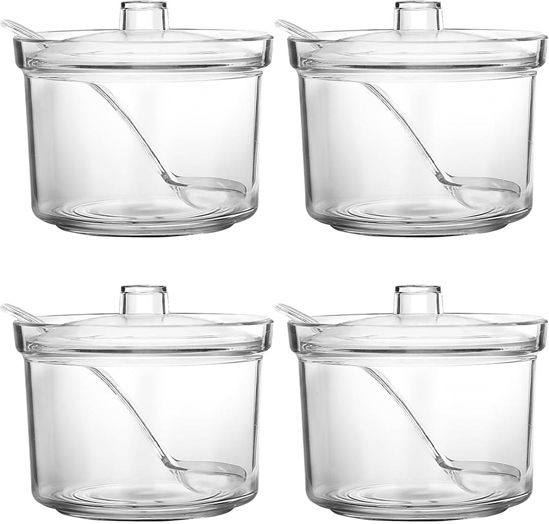 4 Pieces Sugar Bowl Plastic Clear Sugar Bowl with Lid and Salt Spoon Storage Jar with Airtight Lid for Salt, Tea, Spices, Herbs, Condiments（7.1oz）