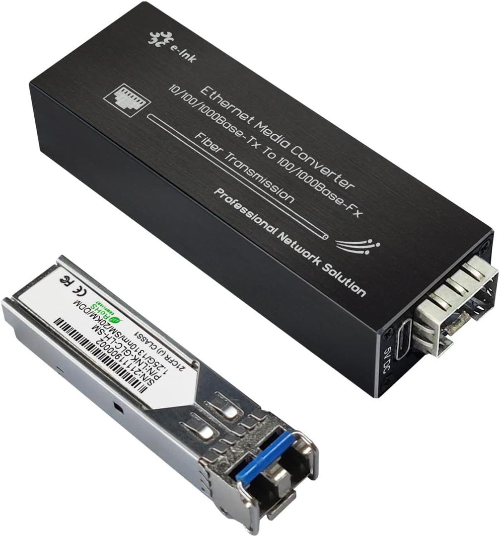 Elenzk Micro Gigabit Fiber Media Converter, 10/100/1000Mbps Ethernet to SFP, 1310nm SM 20km, DC 5V USB-C Powered, Ultra Compact