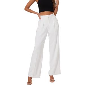 Women Wide Leg High Waist Wide Leg Pants Loose Fit Back Elastic Waist Pleated Front Trousers for Work Casual (Small Long, White)